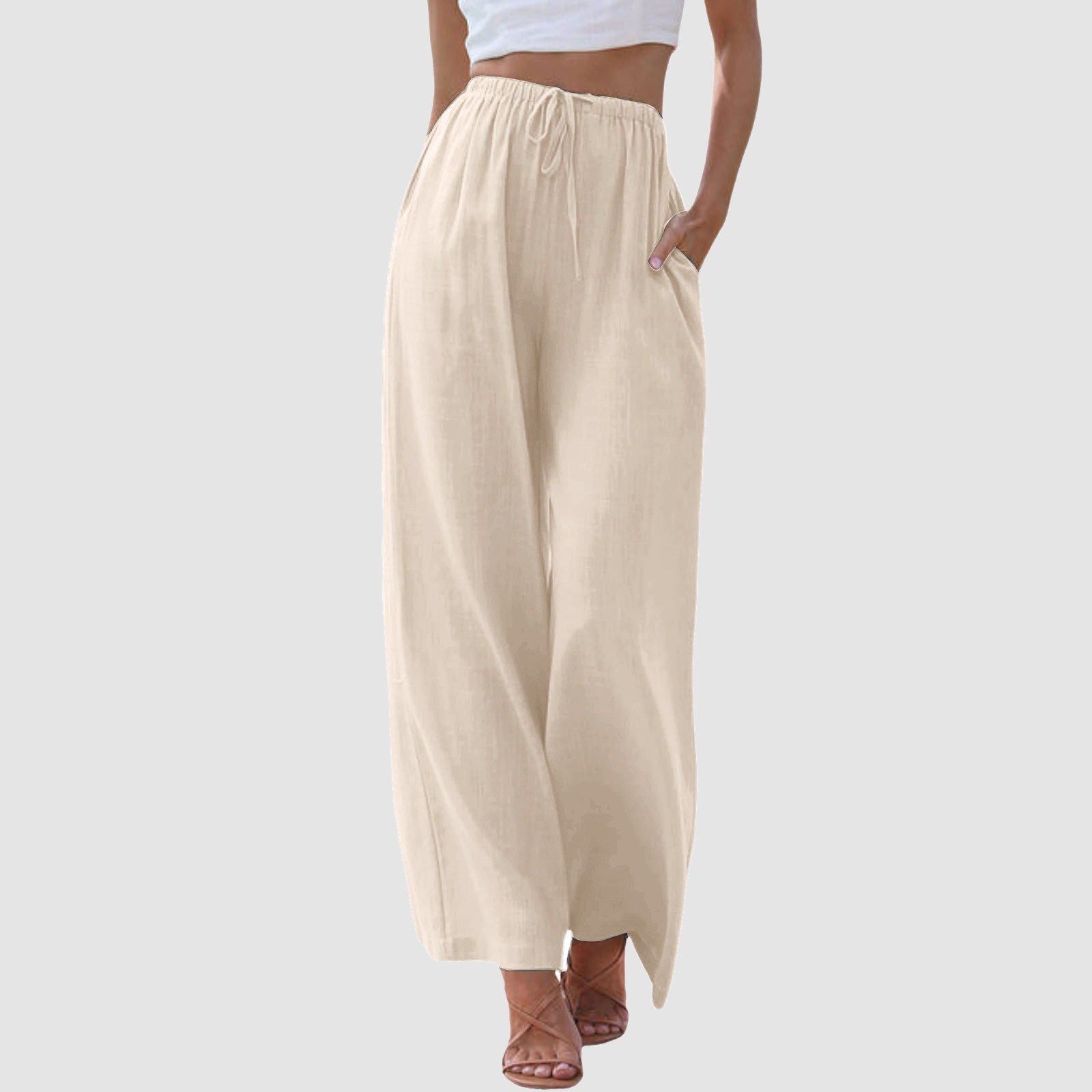 thumbnail image 2 of Pantalones de cintura alta y pierna ancha para mujer - Elástico con cordón, pierna recta cómoda, con bolsillos, 2 of 5